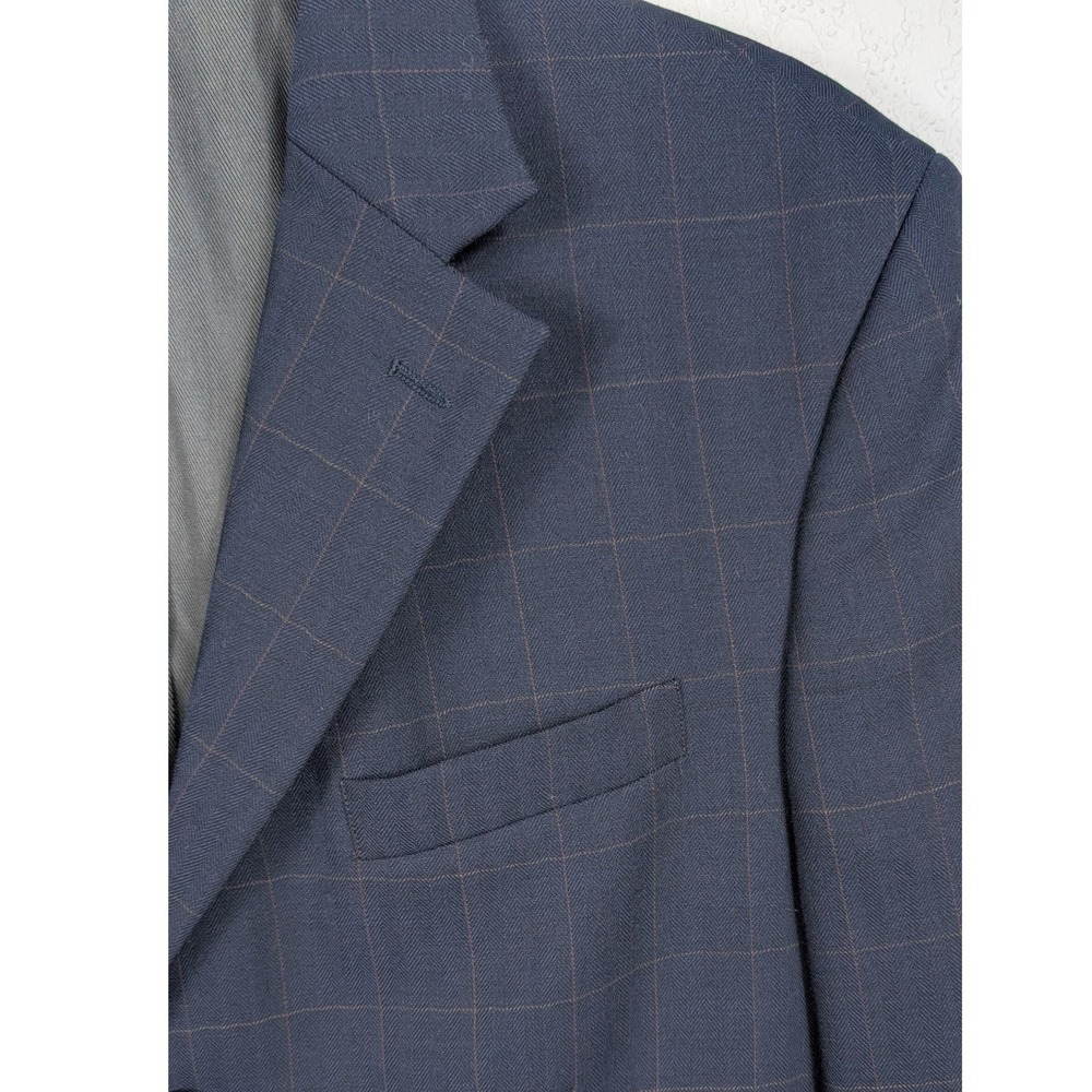 Oscar de la Renta Blazer Mens 41L Blue Brown Windowpane Plaid 100% Wool 3-Button